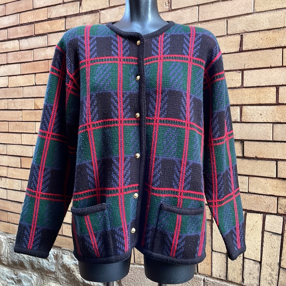 Vintage 90’s Crystal Kobe Plaid Knit Pockets Cardigan Sweater Size Large